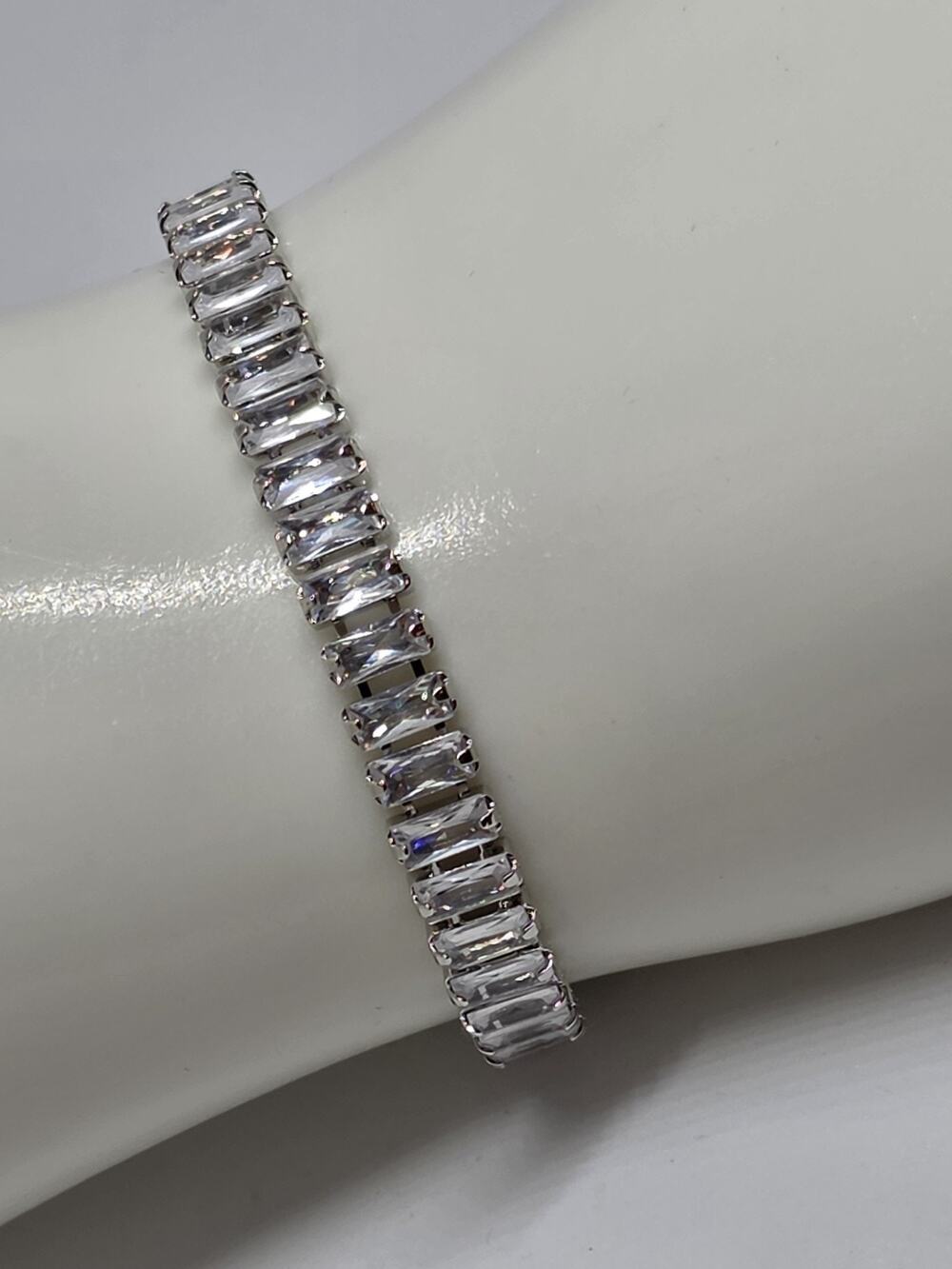 Clear Unknown Stone Baguette Cut Tennis Bracelet Size 6.5"